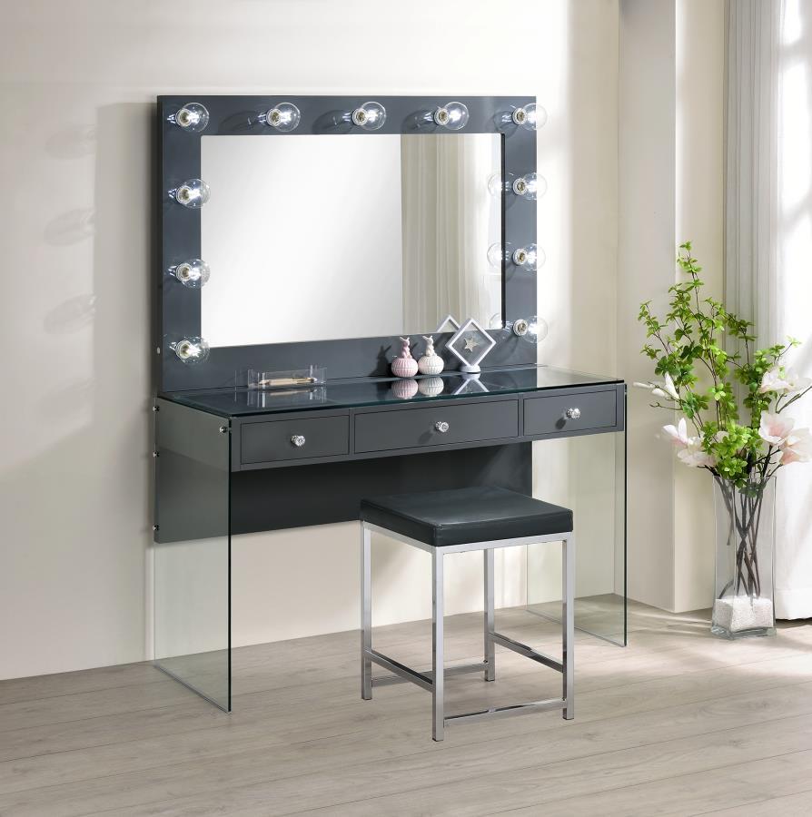 Afshan - 3-Drawer Vanity Desk With Lighting Mirror - Grey High Gloss