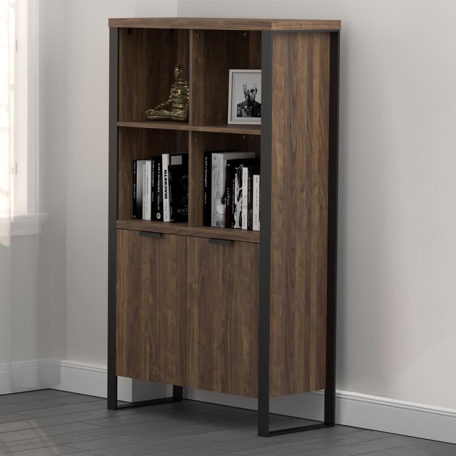 Pattinson - 2-Door Rectangular Bookcase - Aged Walnut and Gunmetal