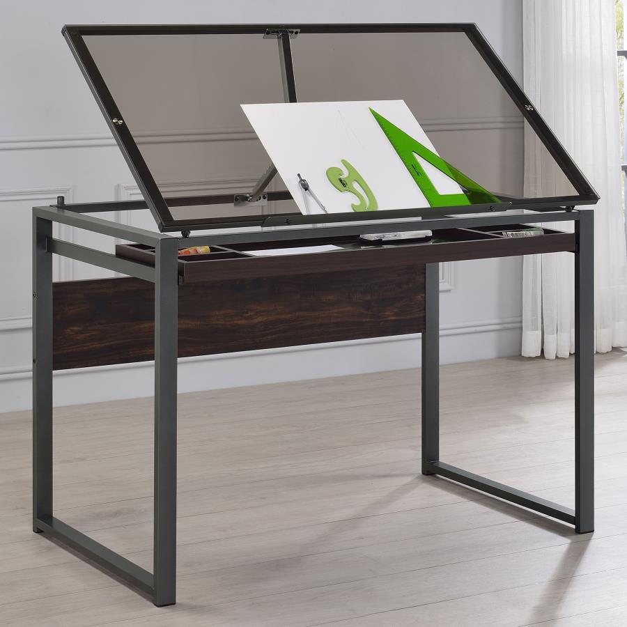 Pantano - Glass Top Drafting Desk - Dark - Gunmetal and Chestnut