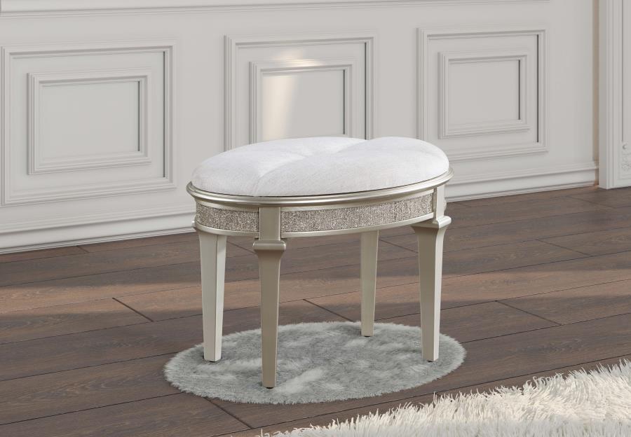 Evangeline - Oval Vanity Stool With Faux Diamond Trim - Silver and Ivory