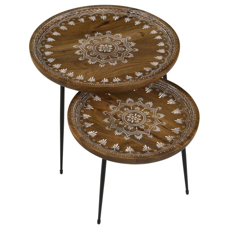Nuala - 2-Piece Round Nesting Table With Tripod Tapered Legs - Honey and Black