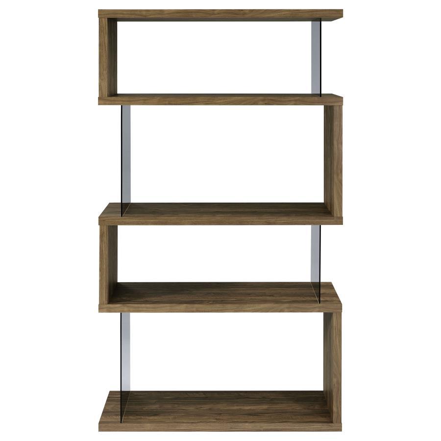 Emelle - 4-Shelf Bookcase With Glass Panels - Aged Walnut / Smoke