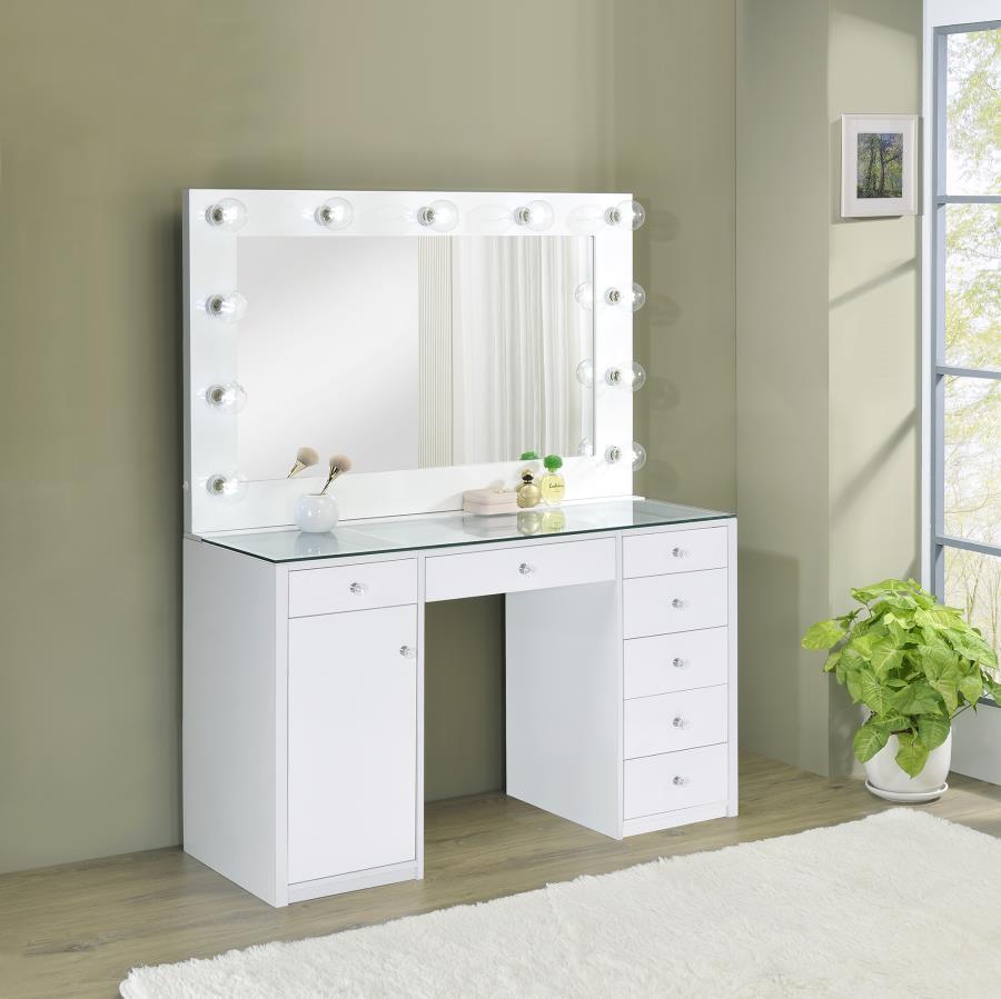 Percy - 7-Drawer Glass Top Vanity Desk With Lighting - White