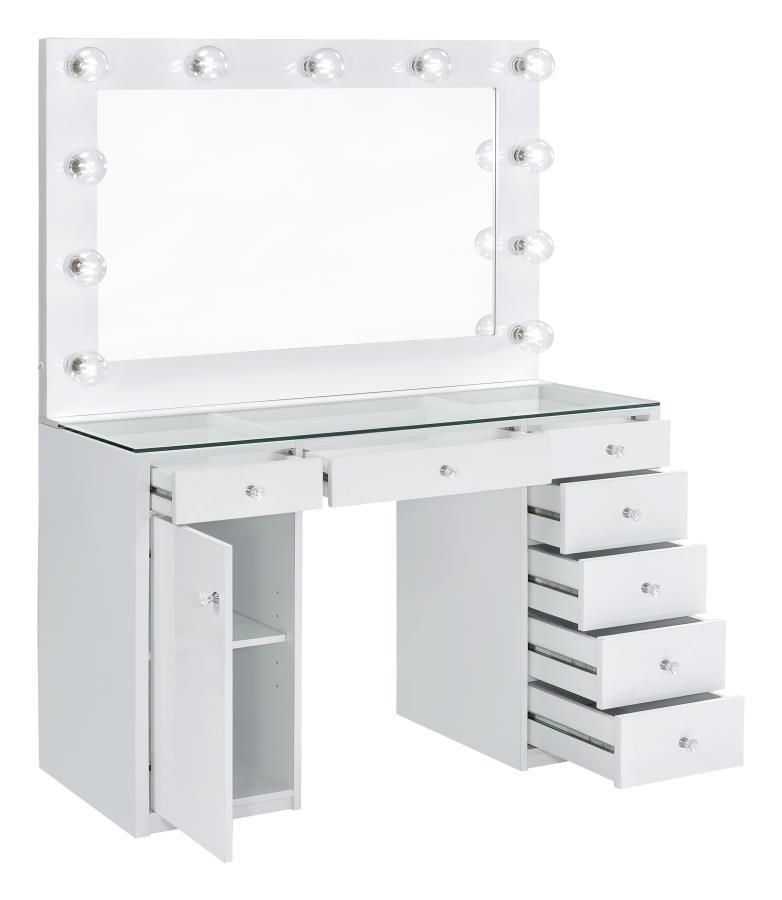 Percy - 7-Drawer Glass Top Vanity Desk With Lighting - White