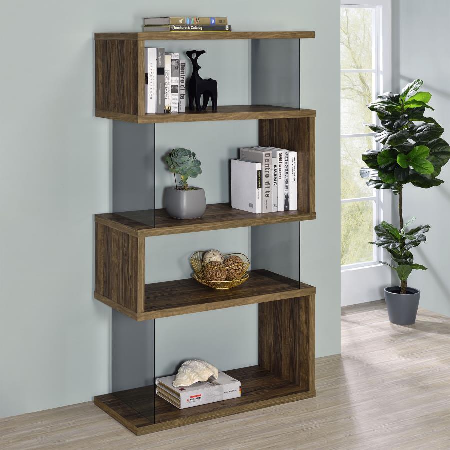 Emelle - 4-Shelf Bookcase With Glass Panels - Aged Walnut / Smoke