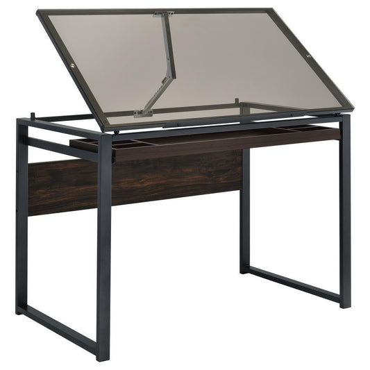 Pantano - Glass Top Drafting Desk - Dark - Gunmetal and Chestnut
