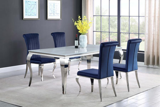 Carone - 5-Piece Rectangular Dining Set (White Table Top) - Ink Blue and Chrome