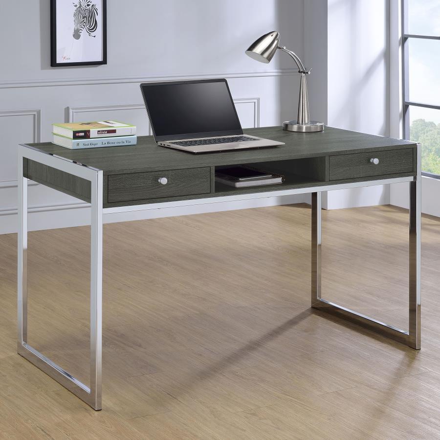 Wallice - 2-Drawer Writing Desk - Weathered Grey and Chrome