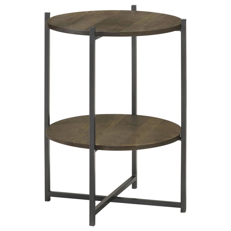 Axel - Round Accent Table With Open Shelf - Natural and Gunmetal