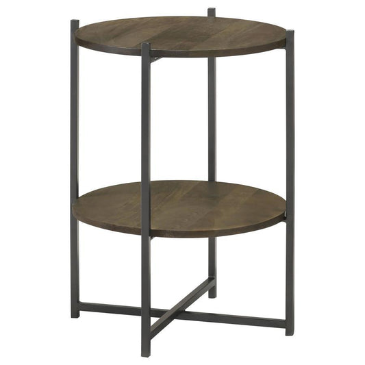 Axel - Round Accent Table With Open Shelf - Natural and Gunmetal