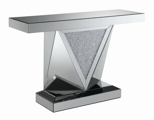 Amore - Rectangular Sofa Table With Triangle Detailing - Silver and Clear Mirror