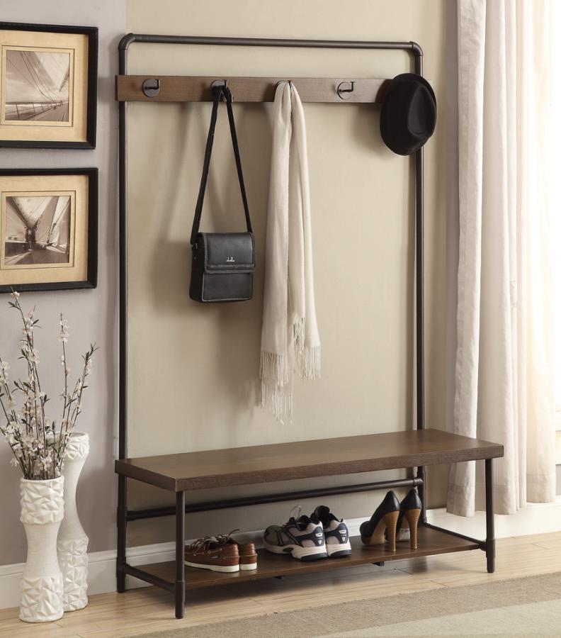 Alise - Hall Tree With 5 Coat Hooks - Chestnut and Dark Bronze