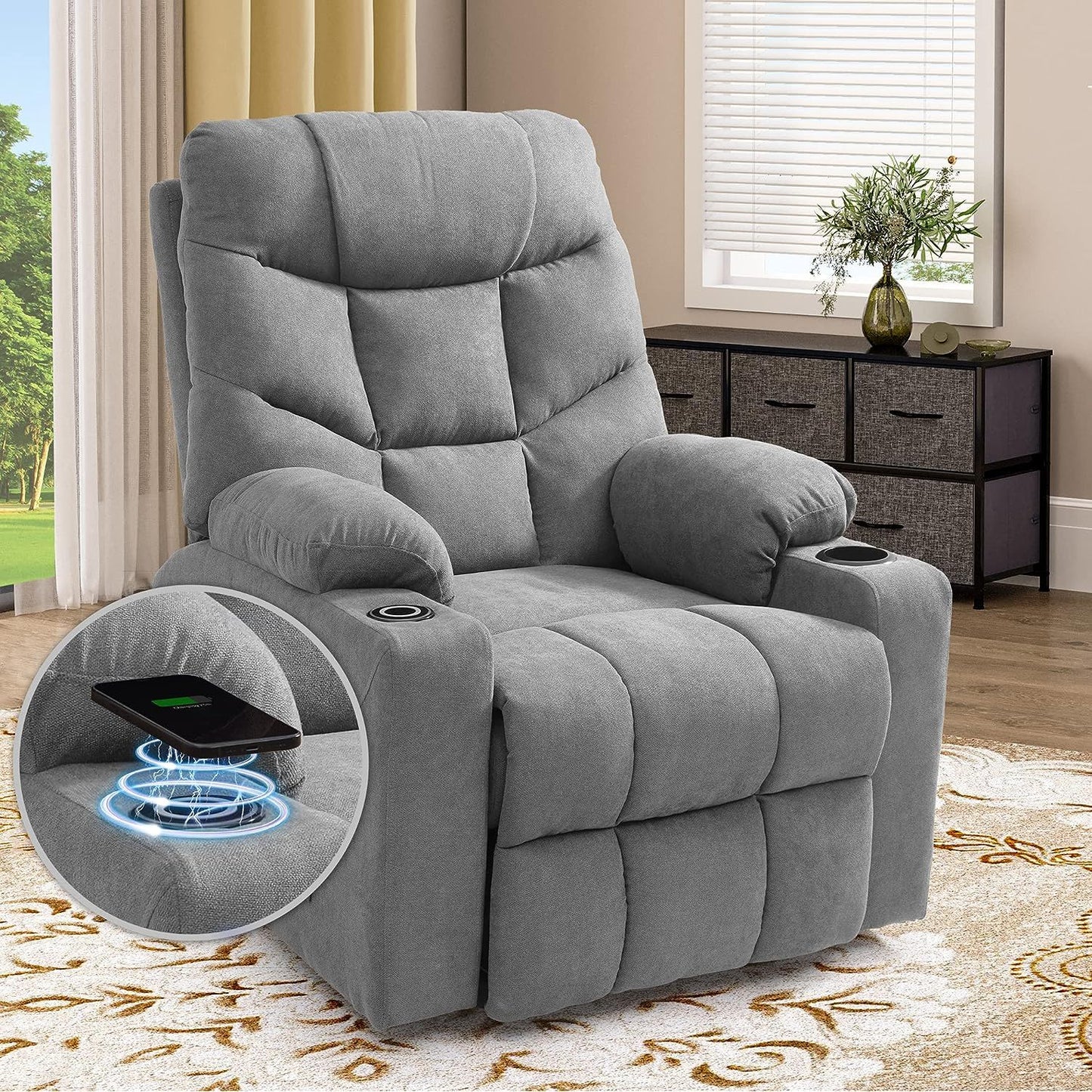 Electric Power Recliner Chair With Massage For Elderly, Remote Control Multi - Function Lifting, Timing, Cushion Heating Chair With Side Pocket - Dark Grey